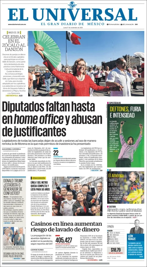 Portada de El Universal del lunes, 17 de noviembre de 2025