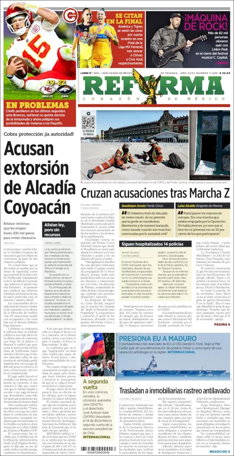 Portada de Reforma del lunes, 17 de noviembre de 2025