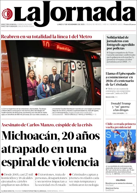 Portada de La Jornada del lunes, 17 de noviembre de 2025