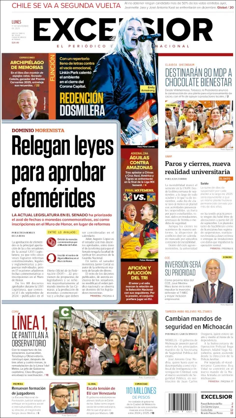 Portada de Excelsior del lunes, 17 de noviembre de 2025
