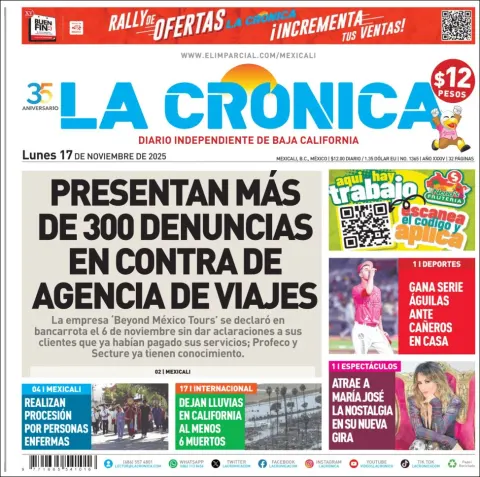 Portada de La Cronica del lunes, 17 de noviembre de 2025