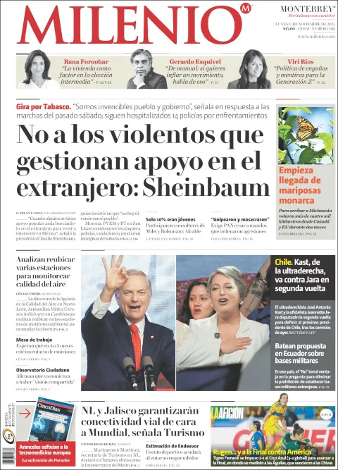 Portada de Milenio del lunes, 17 de noviembre de 2025