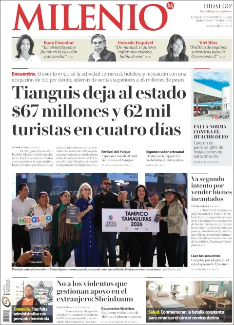Portada de Milenio Hidalgo del lunes, 17 de noviembre de 2025