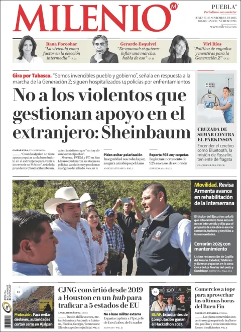 Portada de Milenio Puebla del lunes, 17 de noviembre de 2025