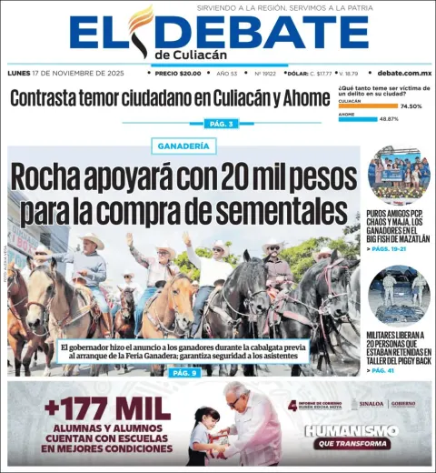 Portada de El Debate de Culiacan del lunes, 17 de noviembre de 2025