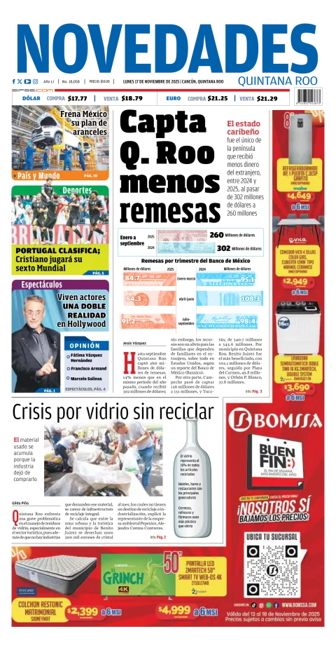 Portada de Novedades Quintana Roo del lunes, 17 de noviembre de 2025