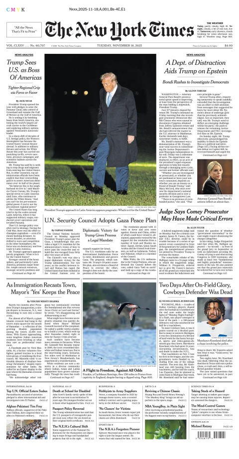 Portada de The New York Times (new York) del martes, 18 de noviembre de 2025