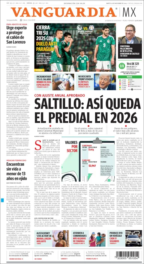 Portada de Vanguardia del martes, 18 de noviembre de 2025