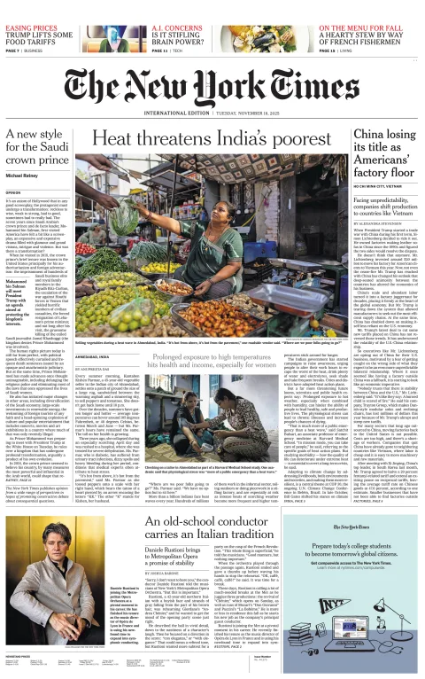 Portada de The New York Times (international) del martes, 18 de noviembre de 2025