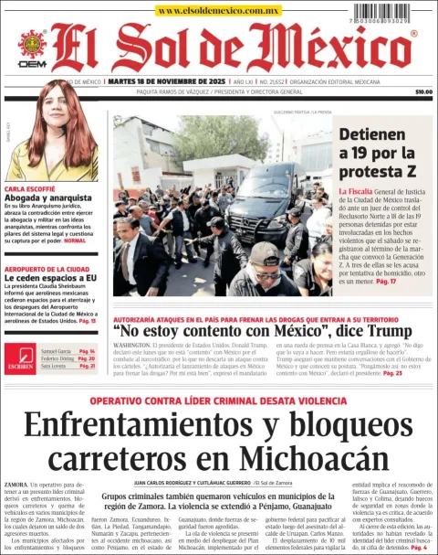 Portada de El Sol de Mexico del martes, 18 de noviembre de 2025