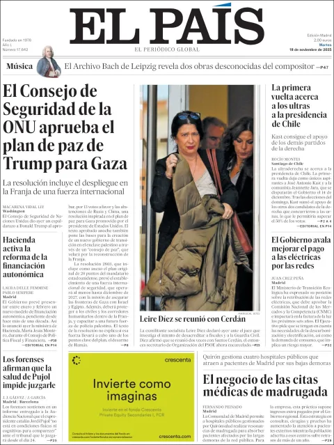 Portada de El Pais del martes, 18 de noviembre de 2025