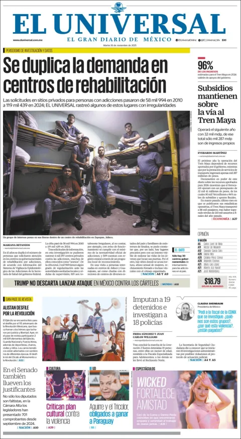 Portada de El Universal del martes, 18 de noviembre de 2025