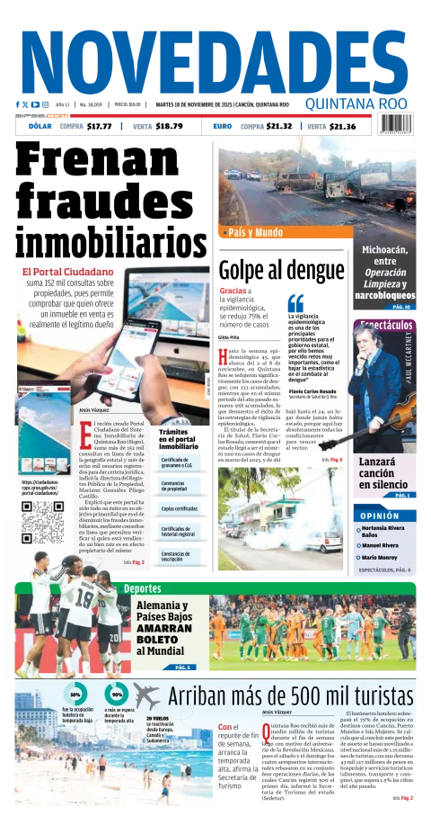 Portada de Novedades Quintana Roo del martes, 18 de noviembre de 2025