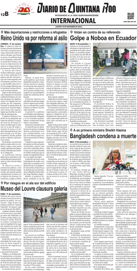 Portada de Diario de Quintana Roo (contra Portada) del martes, 18 de noviembre de 2025