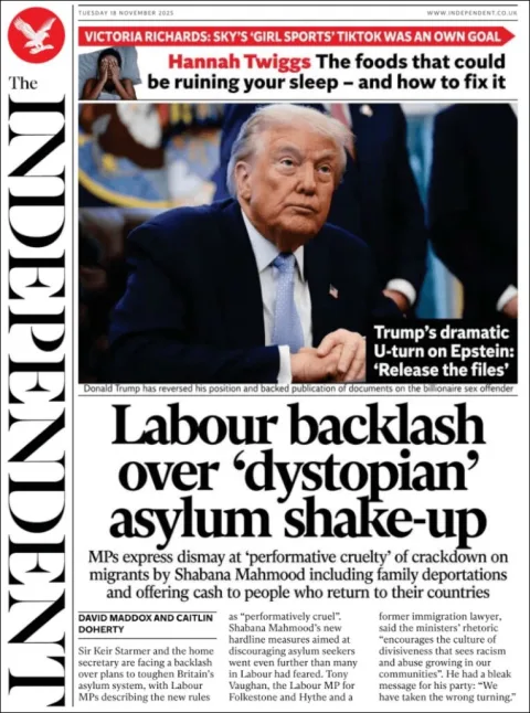Portada de The Independent del martes, 18 de noviembre de 2025