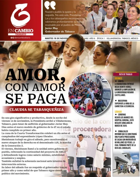 Portada de En Cambio - Tabasco (portada) del martes, 18 de noviembre de 2025