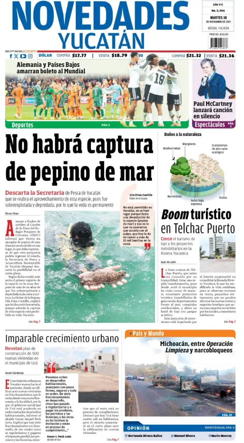 Portada de Novedades Yucatan del martes, 18 de noviembre de 2025