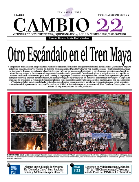 Portada de Diario Cambio 22 (contraportada) del viernes, 3 de octubre de 2025