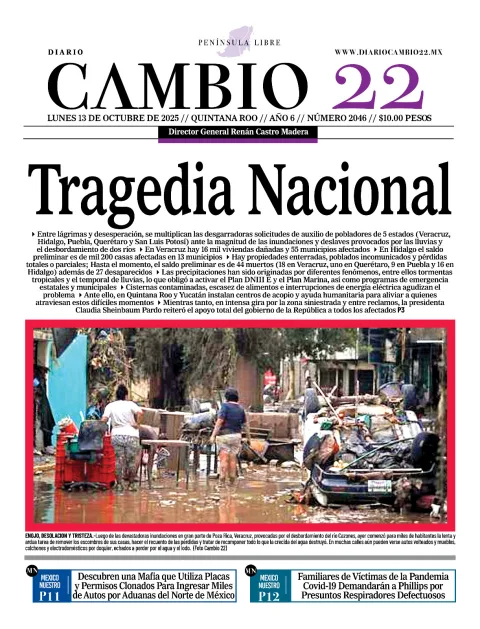 Portada de Diario Cambio 22 (portada) del lunes, 13 de octubre de 2025