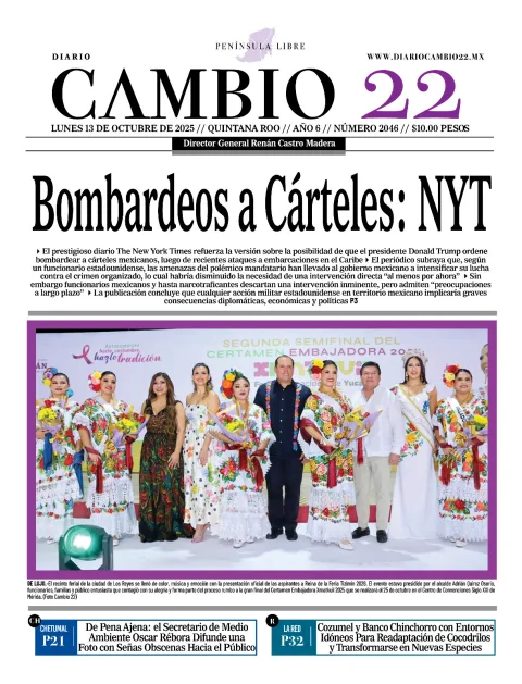 Portada de Diario Cambio 22 (contraportada) del lunes, 13 de octubre de 2025