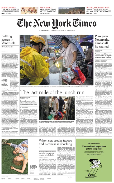 Portada de The New York Times (international) del jueves, 2 de octubre de 2025