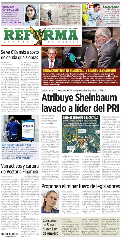Portada de Reforma del jueves, 2 de octubre de 2025
