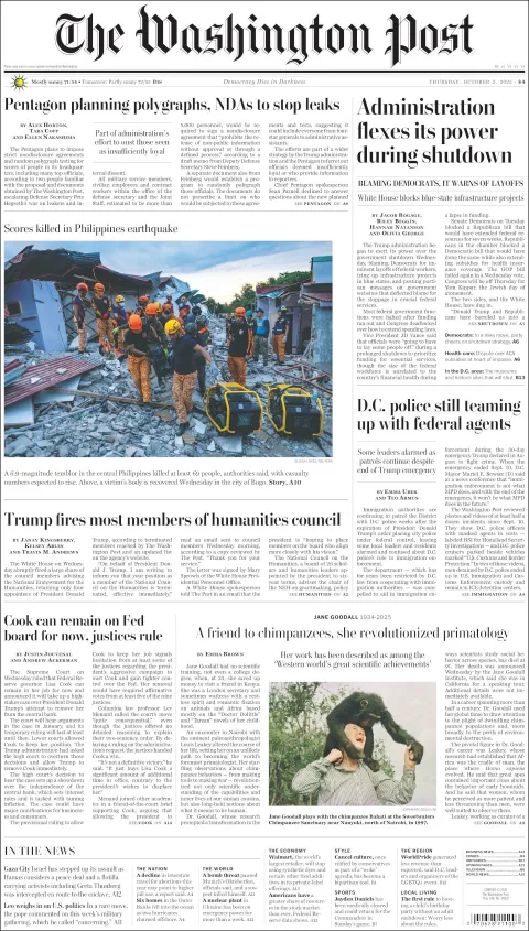 Portada de The Washington Post del jueves, 2 de octubre de 2025