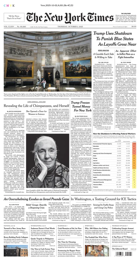 Portada de The New York Times (national) del jueves, 2 de octubre de 2025