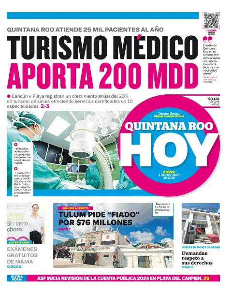 Portada de Quintana Roo Hoy (portada) del jueves, 2 de octubre de 2025