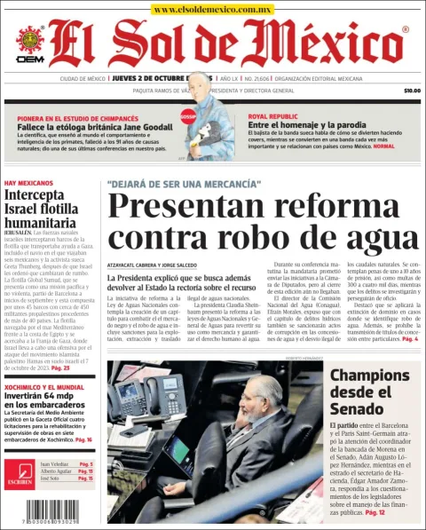 Portada de El Sol de Mexico del jueves, 2 de octubre de 2025