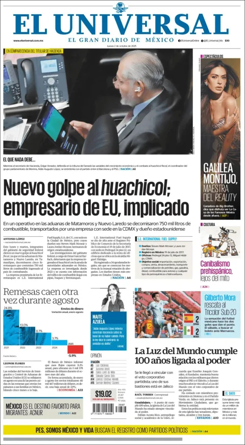 Portada de El Universal del jueves, 2 de octubre de 2025