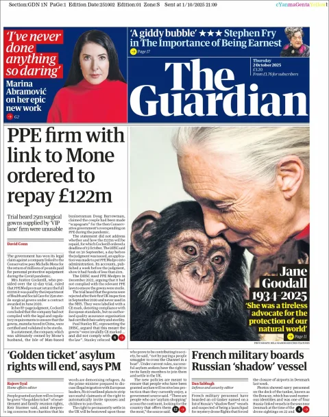 Portada de The Guardian (reino Unido) del jueves, 2 de octubre de 2025