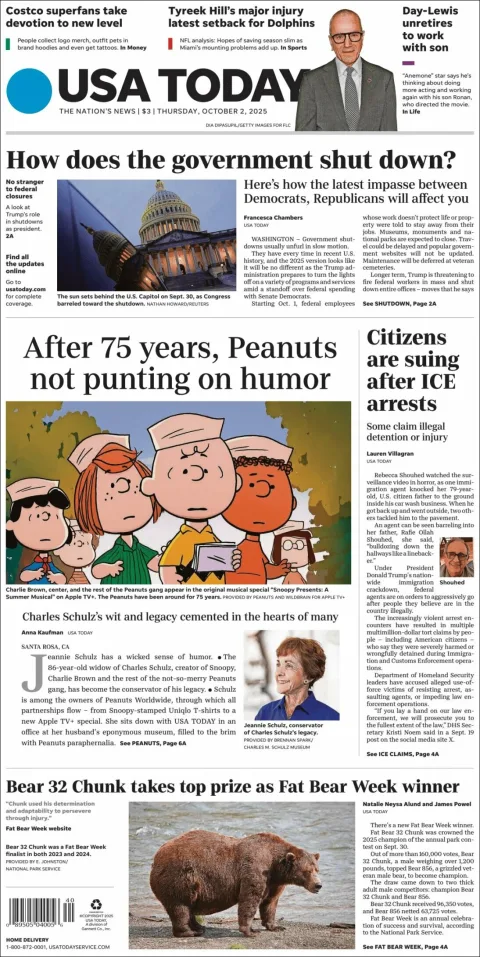 Portada de Usa Today del jueves, 2 de octubre de 2025