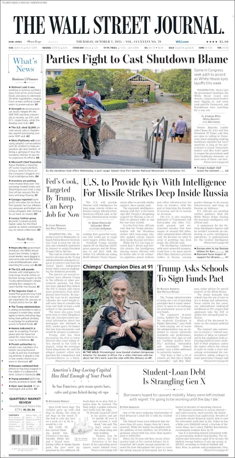 Portada de The Wall Street Journal del jueves, 2 de octubre de 2025
