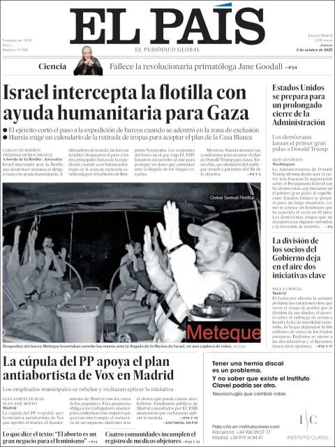 Portada de El Pais del jueves, 2 de octubre de 2025