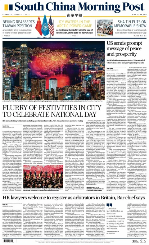 Portada de South China Morning Post del jueves, 2 de octubre de 2025