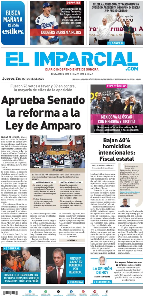 Portada de El Imparcial del jueves, 2 de octubre de 2025