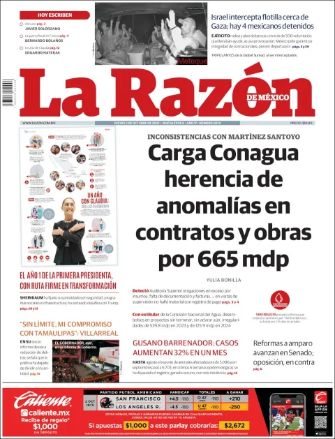 Portada de La Razon del jueves, 2 de octubre de 2025