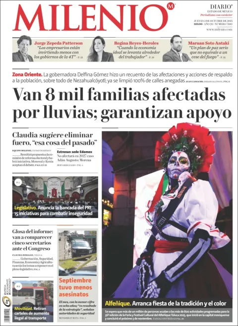 Portada de Milenio Edo de Mexico del jueves, 2 de octubre de 2025