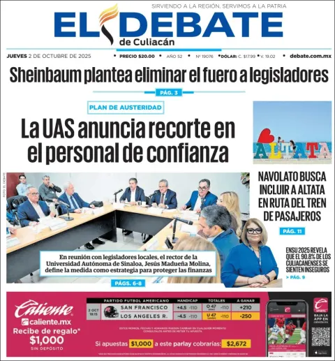 Portada de El Debate de Culiacan del jueves, 2 de octubre de 2025