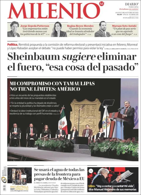 Portada de Milenio Tamaulipas del jueves, 2 de octubre de 2025