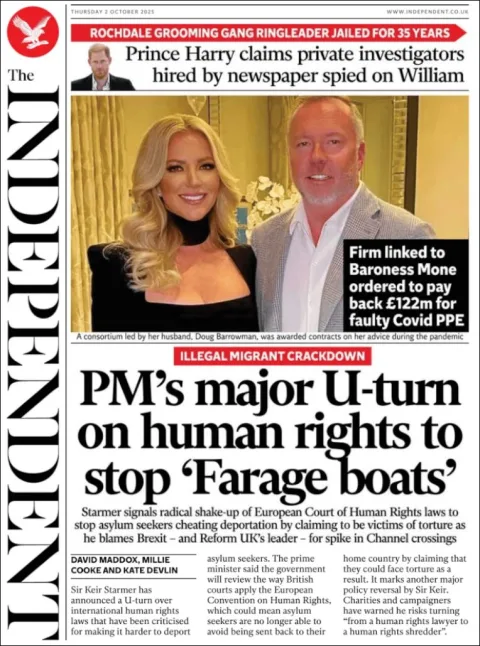 Portada de The Independent del jueves, 2 de octubre de 2025