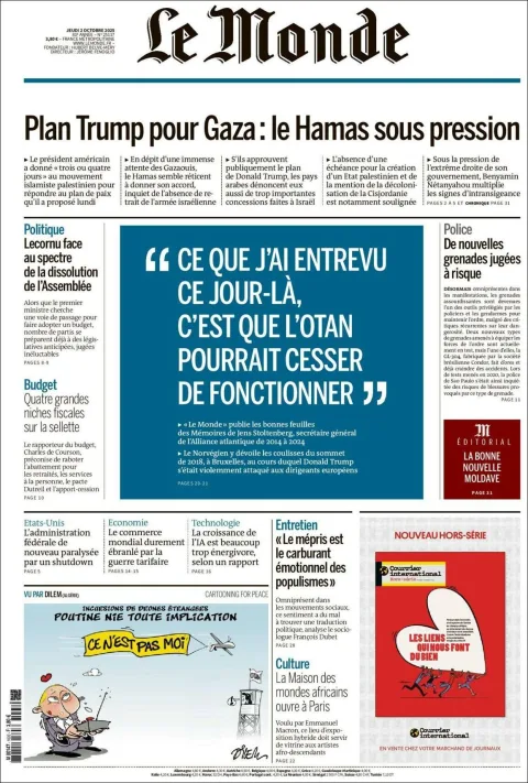 Portada de Le Monde del jueves, 2 de octubre de 2025