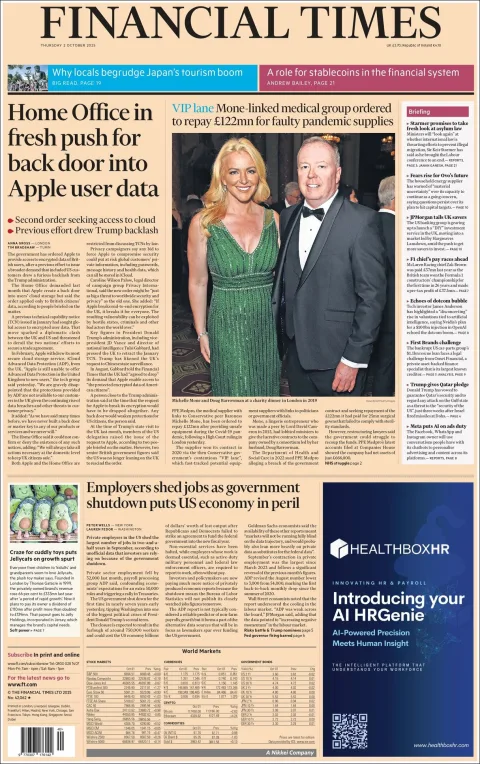 Portada de Financial Times del jueves, 2 de octubre de 2025