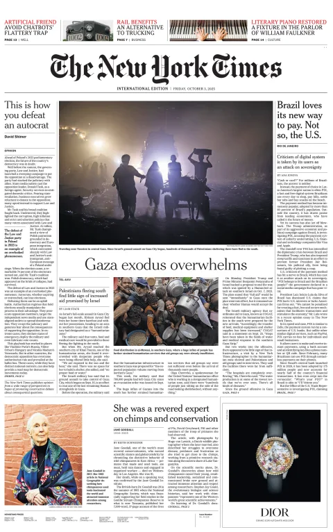 Portada de The New York Times (international) del viernes, 3 de octubre de 2025