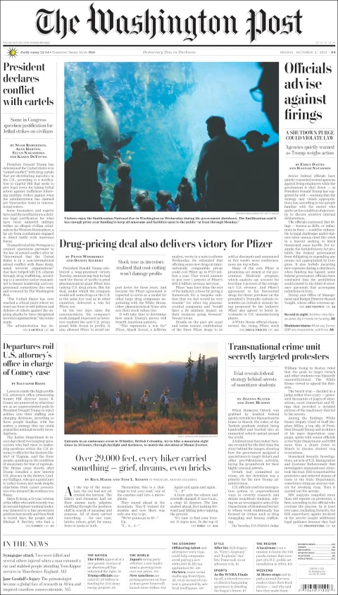 Portada de The Washington Post del viernes, 3 de octubre de 2025