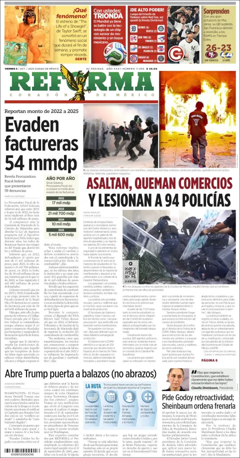 Portada de Reforma del viernes, 3 de octubre de 2025