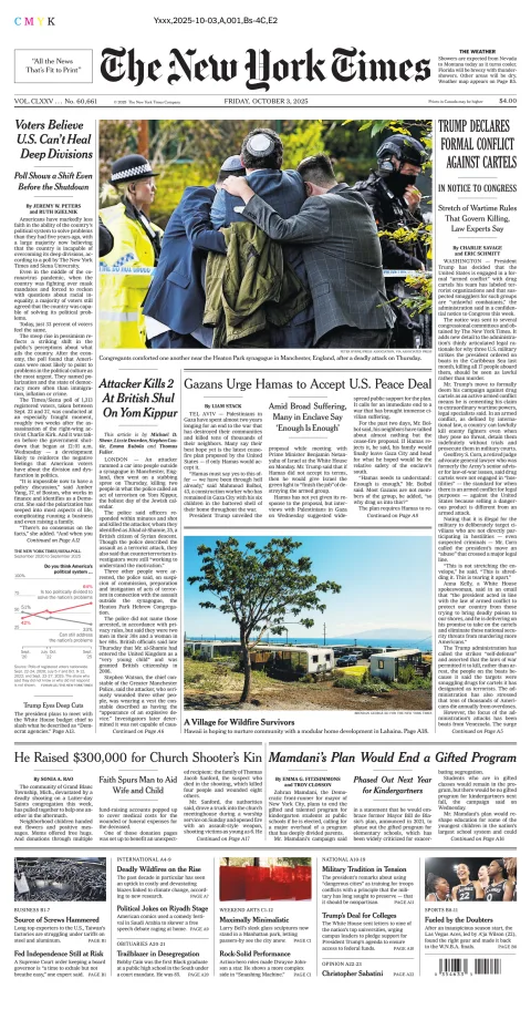 Portada de The New York Times (national) del viernes, 3 de octubre de 2025
