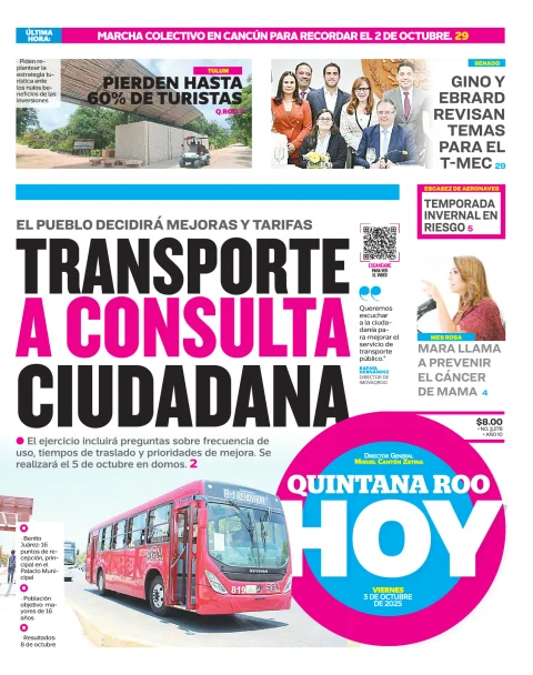 Portada de Quintana Roo Hoy (portada) del viernes, 3 de octubre de 2025