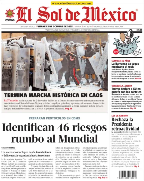 Portada de El Sol de Mexico del viernes, 3 de octubre de 2025